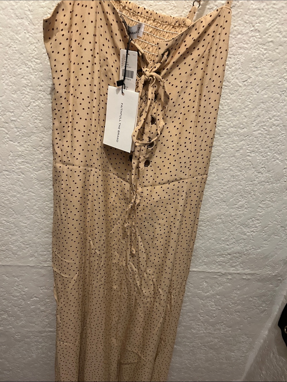 ⭐️ANTHROPOLGIE⭐️ FAITHFUL THE BRAND NWT Beige Polka Dot Lace-Up Maxi Slip Dress - Picture 6 of 13